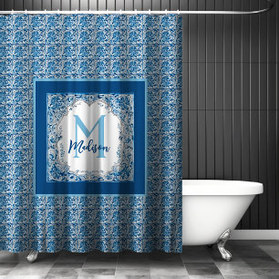 Elegant Aqua Blue Yellow Vintage Floral Monogram Shower Curtain