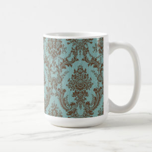 Elegant Aqua & Chocolate Damask Pattern Vintage Coffee Mug