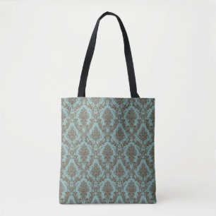 Elegant Aqua & Chocolate Damask Pattern Vintage Tote Bag