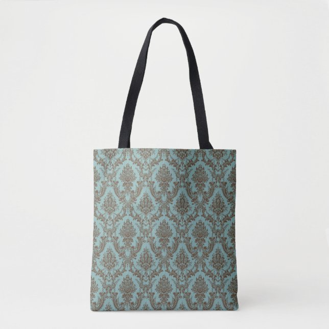 Elegant Aqua & Chocolate Damask Pattern | Vintage  Tote Bag (Front)