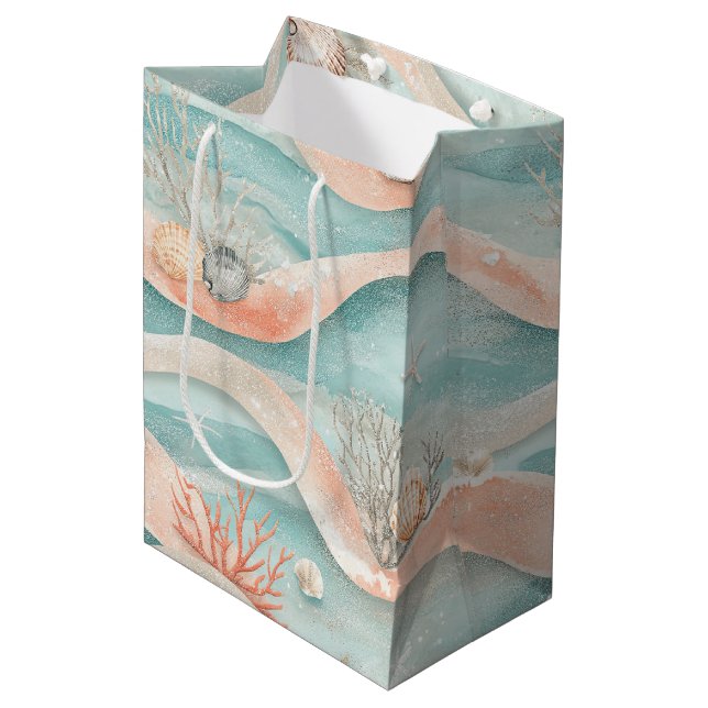 Elegant Aqua Coral Ocean Pattern Medium Gift Bag (Front Angled)