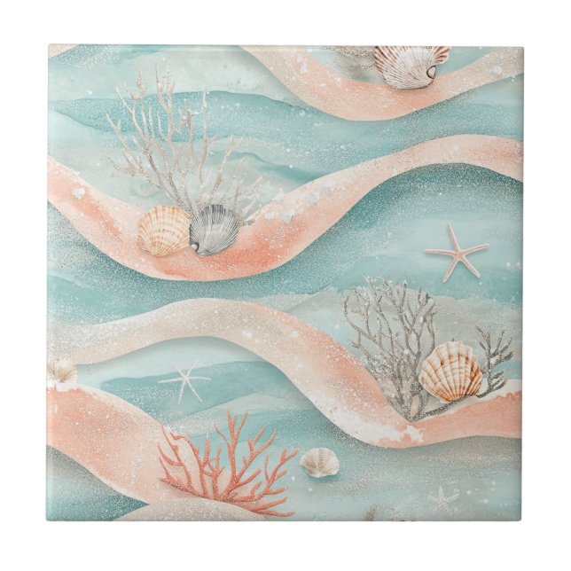 Elegant Aqua Coral Ocean Pattern Tile (Front)