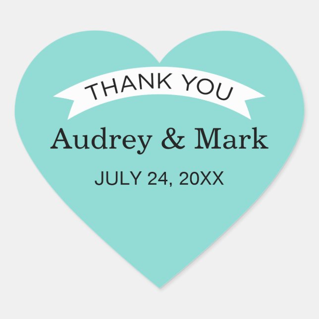 Elegant Aqua Custom Wedding Monogram Thank You Heart Sticker (Front)