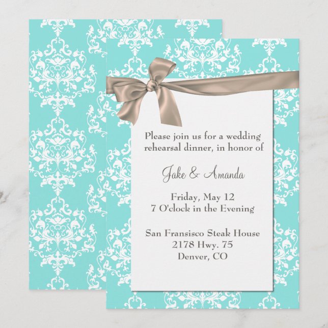 Elegant Aqua Damask Rehearsal Dinner Invitation (Front/Back)