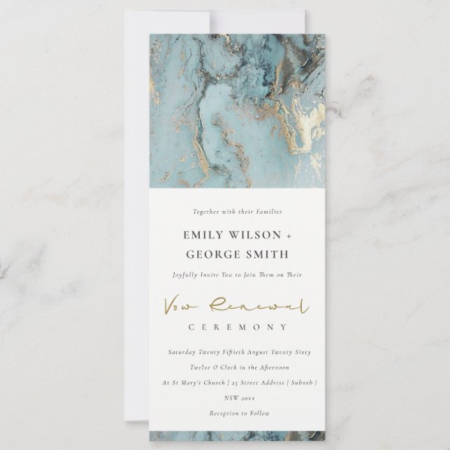 ELEGANT AQUA DUSKY BLUE GOLD AGATE VOW RENEWAL INVITATION (Front)