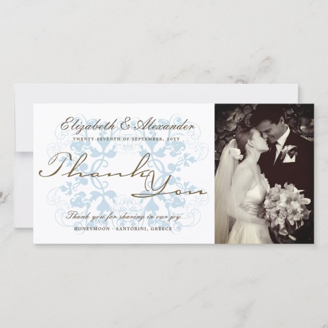 Elegant Aqua Floral Lace Romantic Photo Wedding Thank You Card (Front)
