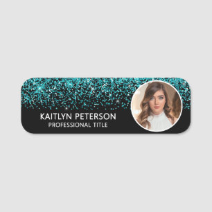 Elegant Aqua Glitter Magnetic Employee Photo ID Name Tag
