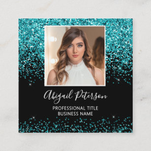 Elegant Aqua Glitter Photo QR Code Black Square Business Card