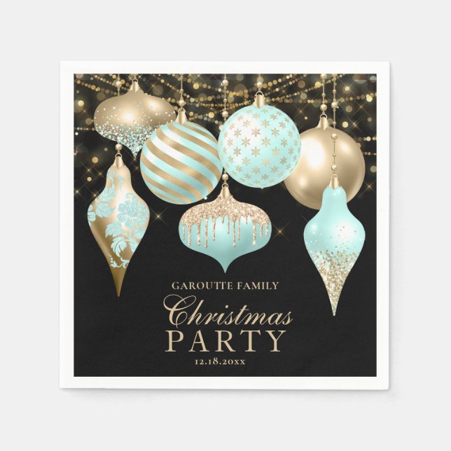 Elegant Aqua Gold Ornaments Christmas Party Napkin (Front)