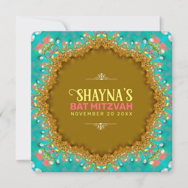 Elegant Aqua Gold Satin Lace Bat Mitzvah Invitation (Front)