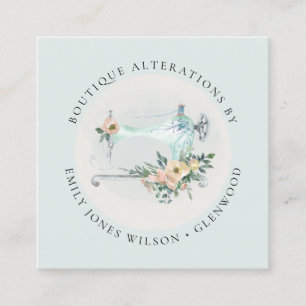 Elegant Aqua Grey Sewing Machine Floral Tailor Square Business Card