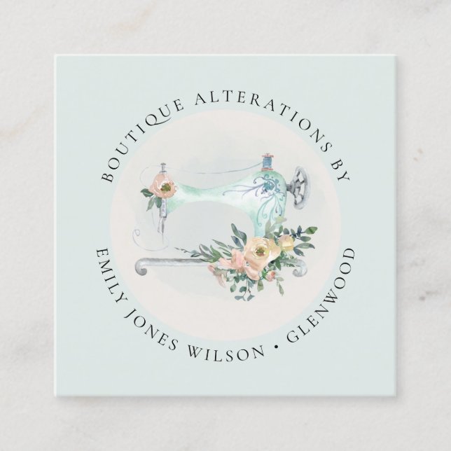 Elegant Aqua Grey Sewing Machine Floral Tailor Square Business Card (Front)