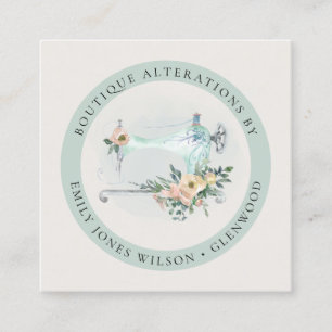 Elegant Aqua Grey Sewing Machine Floral Tailor Square Business Card