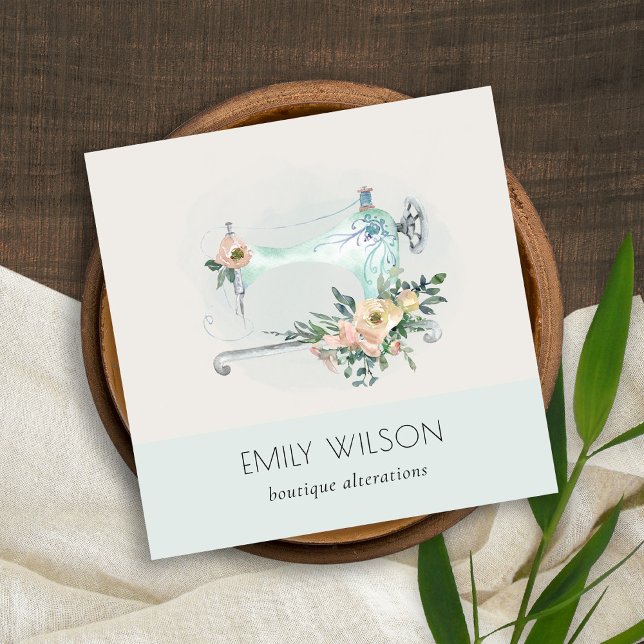 Elegant Aqua Grey Sewing Machine Floral Tailor  Square Business Card (Creator Uploaded)