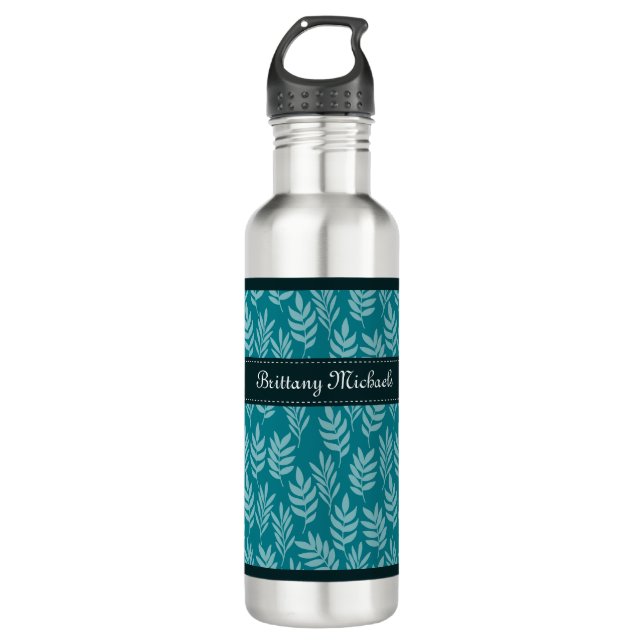Elegant Aqua Leaves on Teal Pattern With Name 710 Ml Water Bottle (Front)
