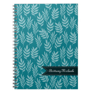 Elegant Aqua Leaves on Teal Pattern With Name Notebook