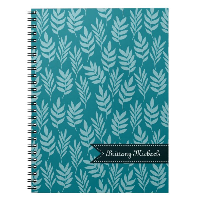 Elegant Aqua Leaves on Teal Pattern With Name Notebook (Front)