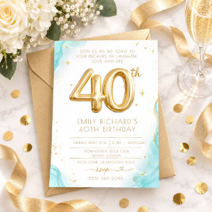 Elegant Aqua Marble Gold Glam 40th Birthday Invitation