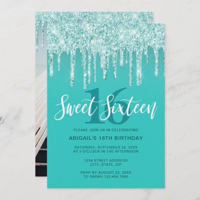 Elegant aqua mint glitter drips sweet sixteen  invitation (Front/Back)