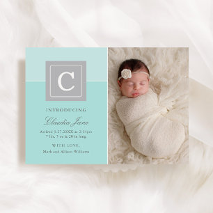 Elegant Aqua Monogram Baby Girl Photo Birth Announcement