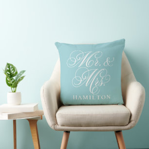 Elegant Aqua Mr and Mrs Script Wedding Cushion