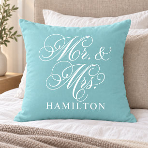 Elegant Aqua Mr and Mrs Script Wedding Cushion