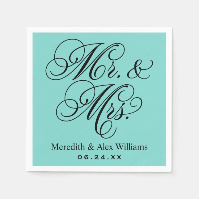 Elegant Aqua Mr and Mrs Script Wedding Napkin (Front)