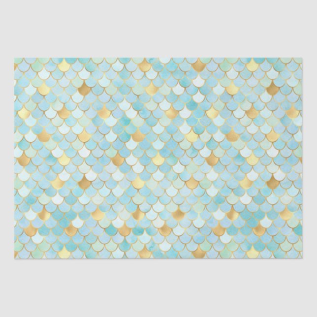 Elegant Aqua Ombre Foil & Gold Mermaid Scales Tissue Paper (Front)