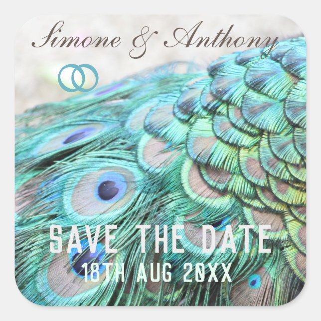 Elegant Aqua Peacock Feathers Save the Date Square Sticker (Front)