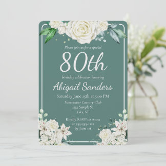 Elegant Aqua Rose Floral 80th Birthday Party Invitation