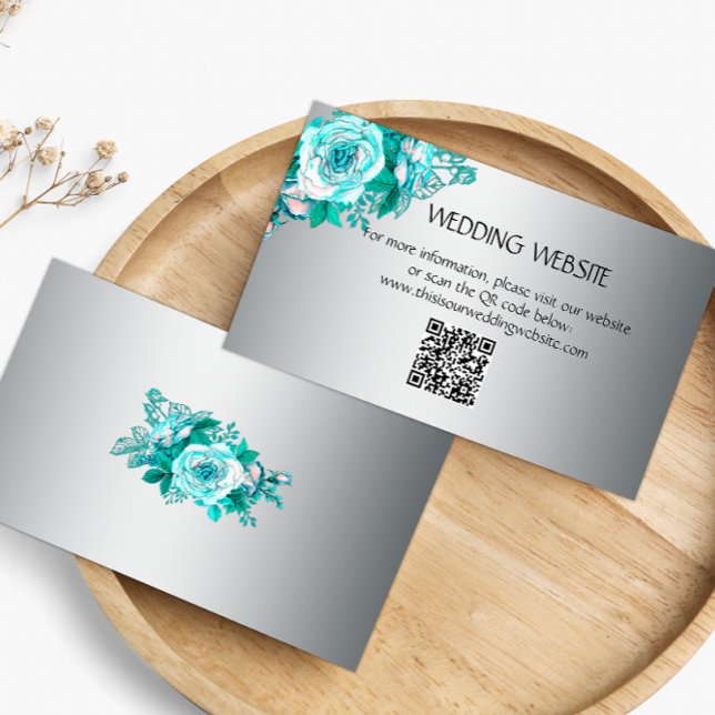 Elegant Aqua Roses and Silver Wedding Website  Enclosure Card (Creator Uploaded)