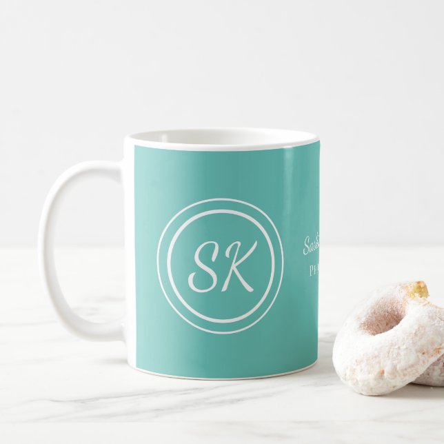Elegant Aqua Script Monogram Business Coffee Mug (With Donut)