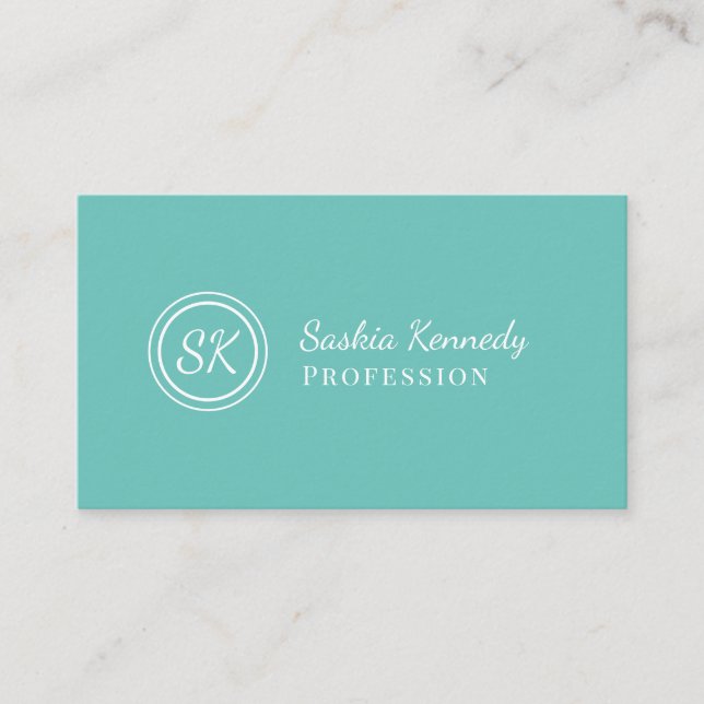 Elegant Aqua Script Professional Monogram Business Card (Front)