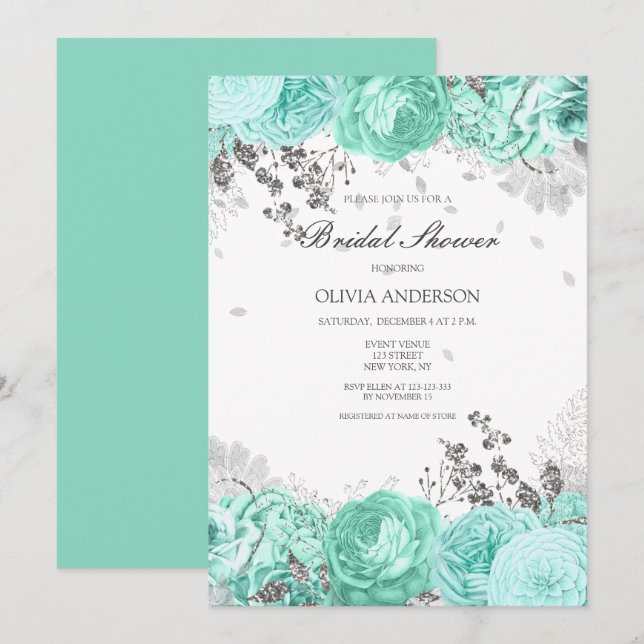Elegant Aqua Silver Floral Bridal Shower  Invitation (Front/Back)