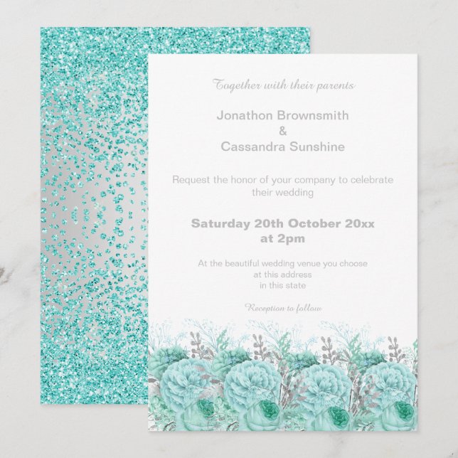 ELEGANT AQUA SILVER GLITTER FLORAL WEDDING INVITATION (Front/Back)