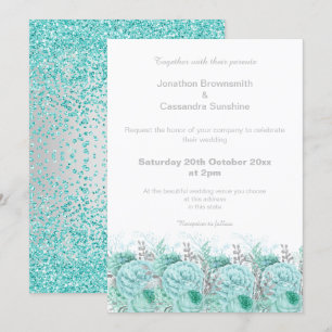 ELEGANT AQUA SILVER GLITTER FLORAL WEDDING INVITATION