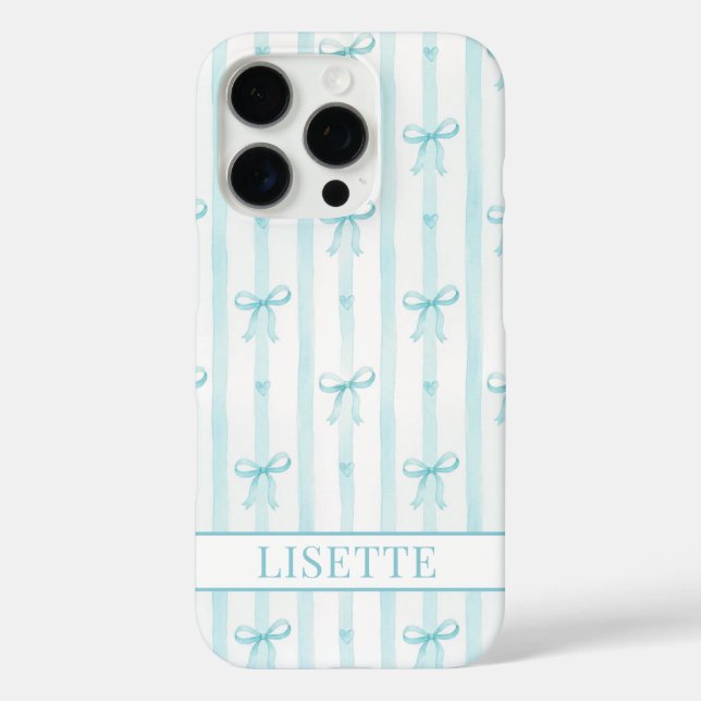 Elegant Aqua Striped Coquette Bows Monogrammed Case-Mate iPhone Case (Back)