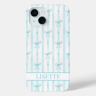Elegant Aqua Striped Coquette Bows Monogrammed iPhone 15 Case