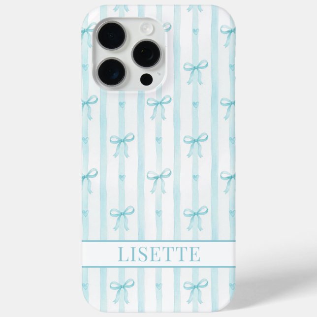 Elegant Aqua Striped Coquette Bows Monogrammed Case-Mate iPhone Case (Back)