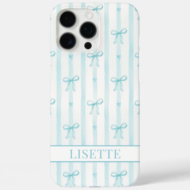 Elegant Aqua Striped Coquette Bows Monogrammed Case-Mate iPhone Case (Back)