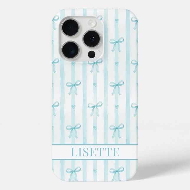 Elegant Aqua Striped Coquette Bows Monogrammed Case-Mate iPhone Case (Back)