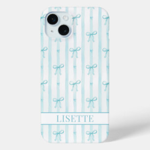 Elegant Aqua Striped Coquette Bows Monogrammed iPhone 15 Mini Case