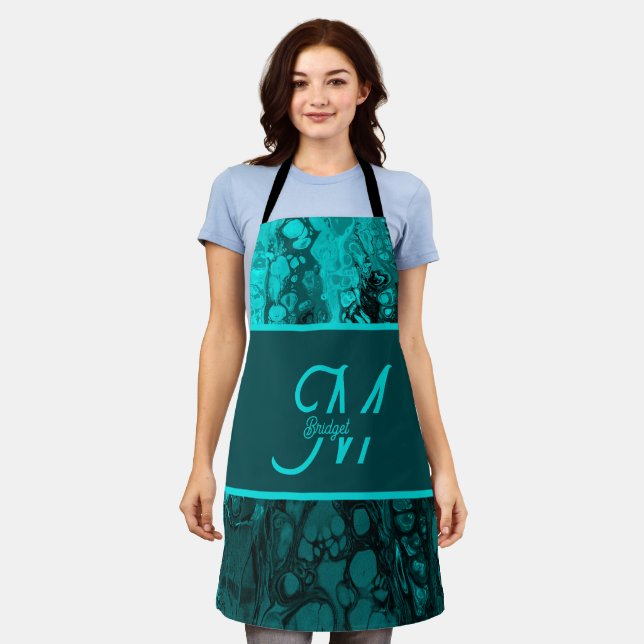 Elegant Aqua Teal bold Script Monogram Apron (Worn)