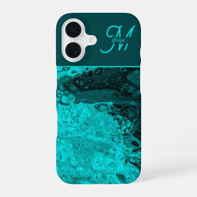 Elegant Aqua Teal bold Script Monogram iPhone 16 Case (Back)
