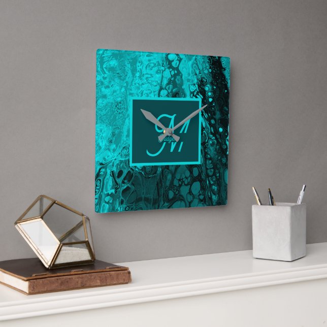 Elegant Aqua Teal bold Script Monogram Square Wall Clock (Office)