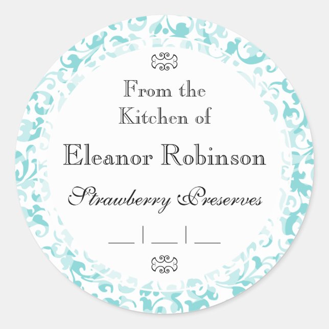 Elegant Aqua Teal Damask Swirl Scrolls Classic Round Sticker (Front)