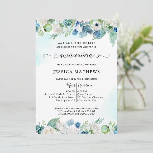Elegant Aqua Teal Quinceañera Watercolor Floral In Invitation (Standing Front)