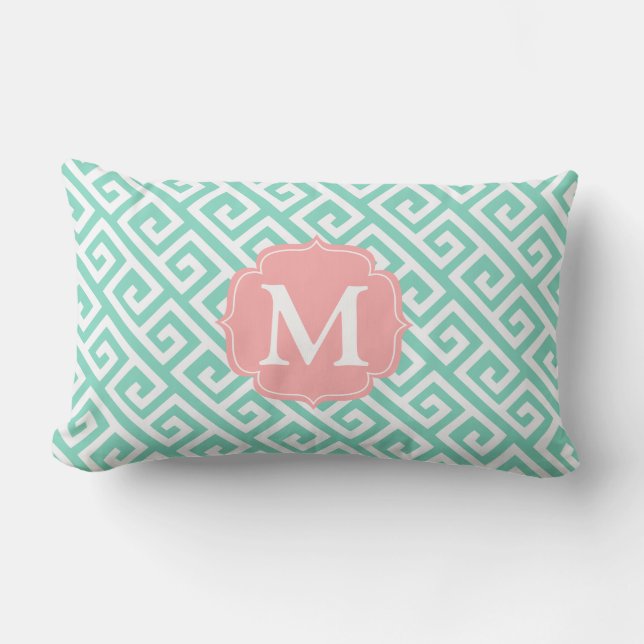 Elegant Aqua Turquoise Blue Greek Key Personalised Lumbar Cushion (Front)