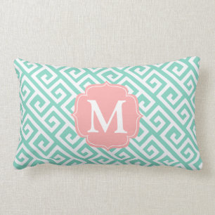 Elegant Aqua Turquoise Blue Greek Key Personalized Lumbar Cushion