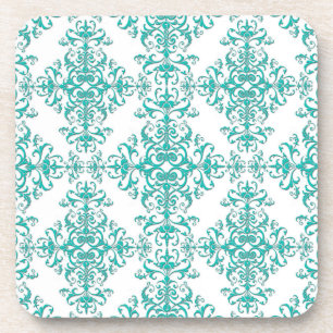 Elegant Aqua Turquoise over White Damask Pattern Coaster